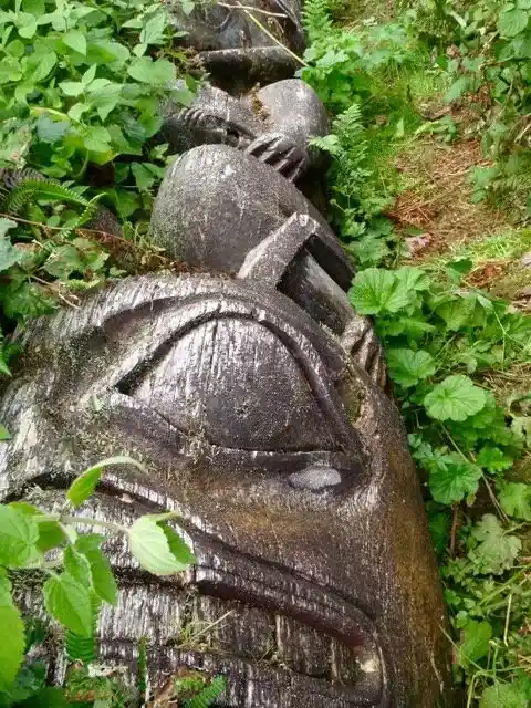 Fallen totem pole in Yuquot