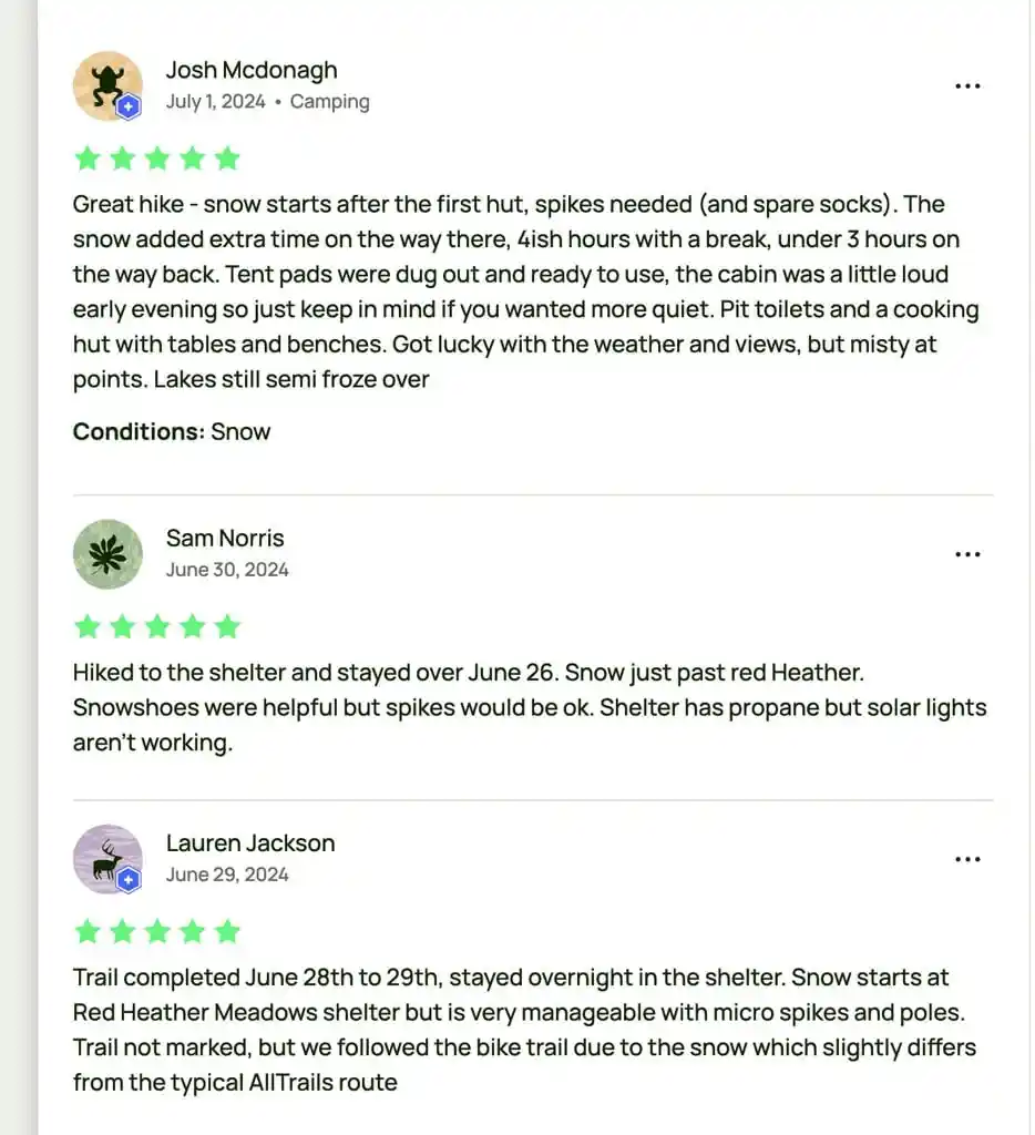A screen shot of trail conditions reports from All Trails