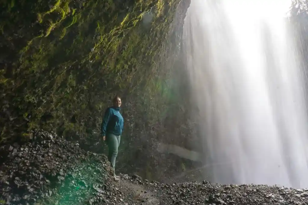 Standing behind Moul Falls, one of the many gorgeous waterfalls in Wells Gray Provincial Park near Kamloops, BC