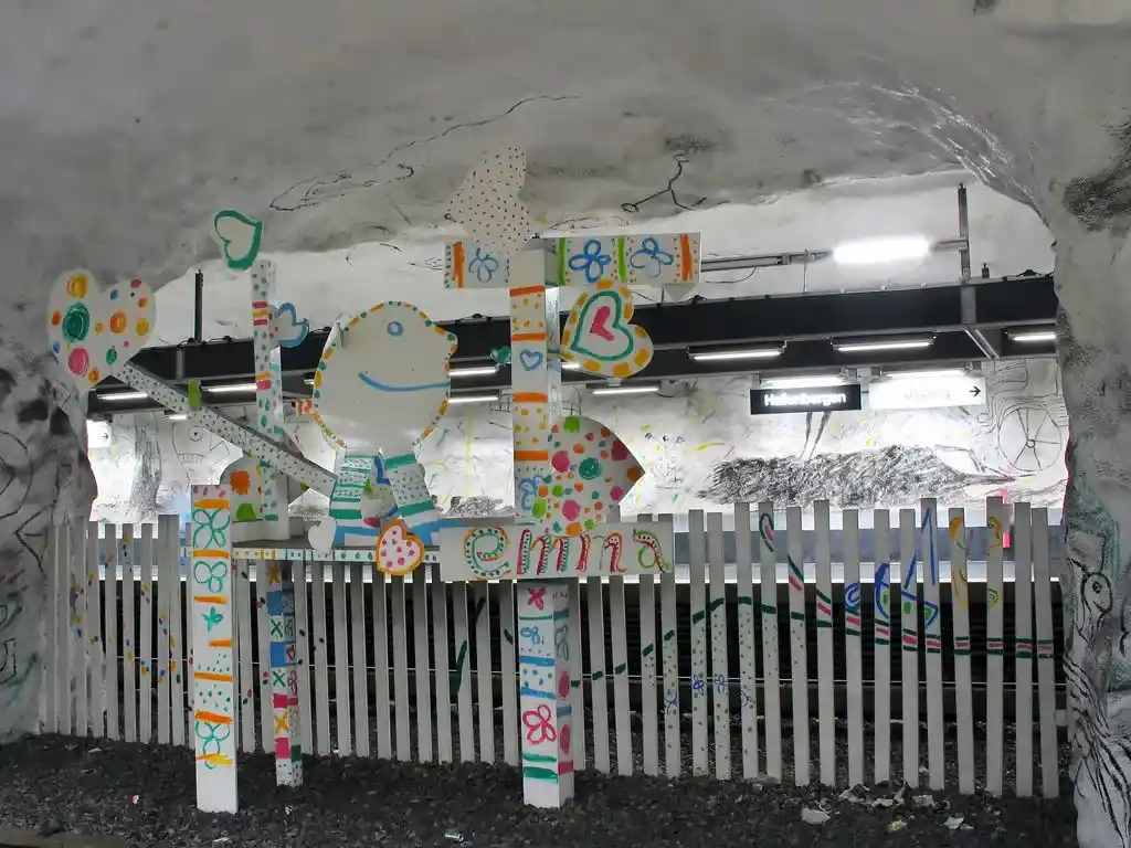 Art at Hallonbergen Station on the Stockholm subway. Find out how to visit this station and 11 others on a self-guided tour of Stockholm subway art.