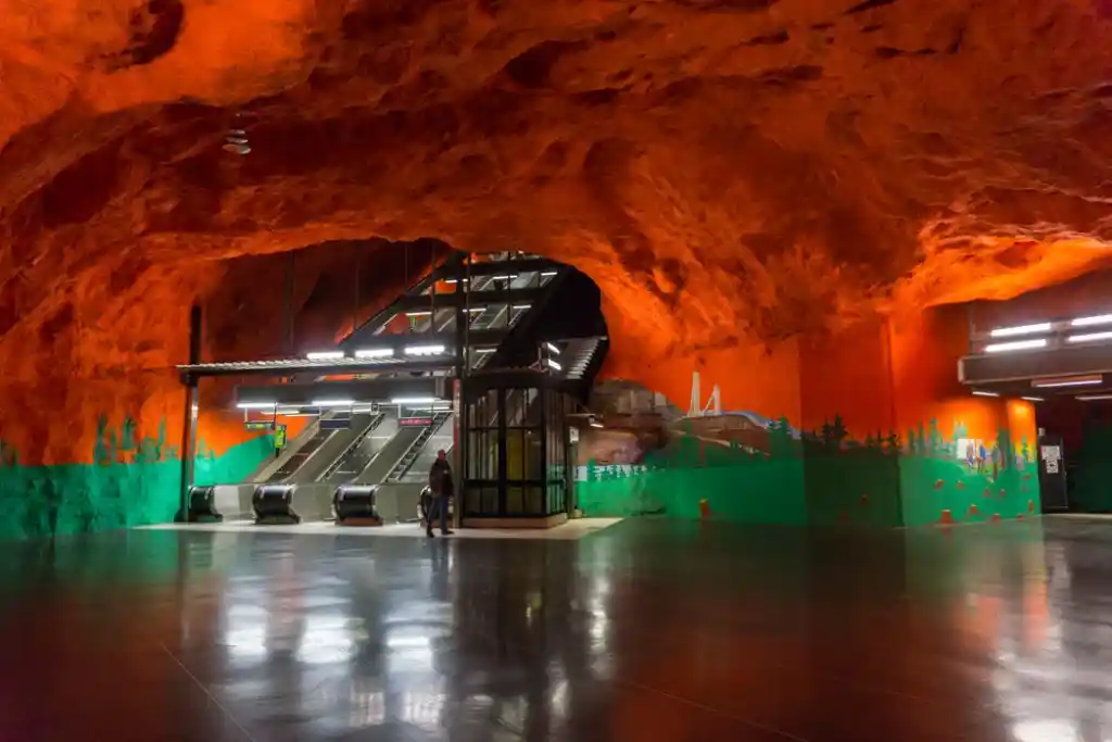 Art at Solna Centrum Station on the Stockholm subway. Find out how to visit this station and 11 others on a self-guided tour of Stockholm subway art.
