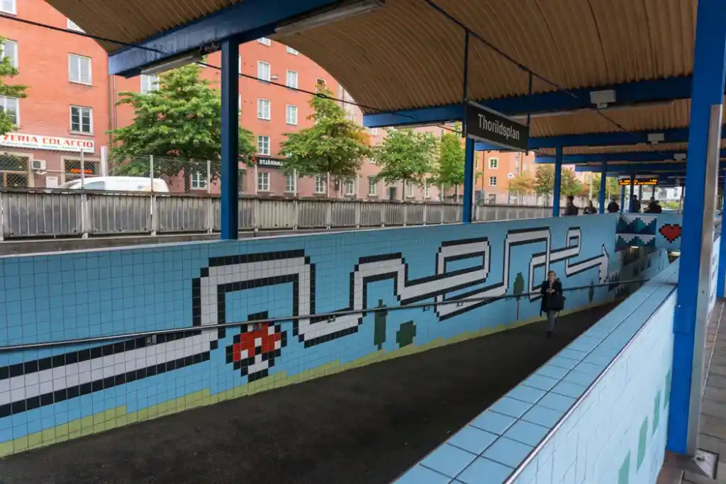 Art at Thorildsplan Station on the Stockholm subway. Find out how to visit this station and 11 others on a self-guided tour of Stockholm subway art.
