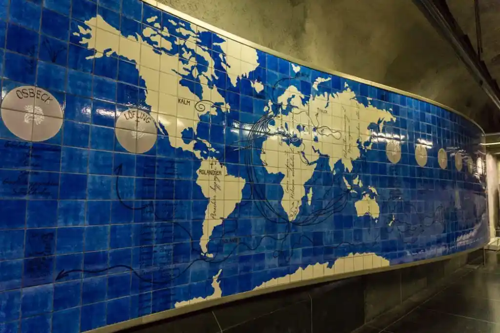 Art at Universitetet Station on the Stockholm subway. Find out how to visit this station and 11 others on a self-guided tour of Stockholm subway art.