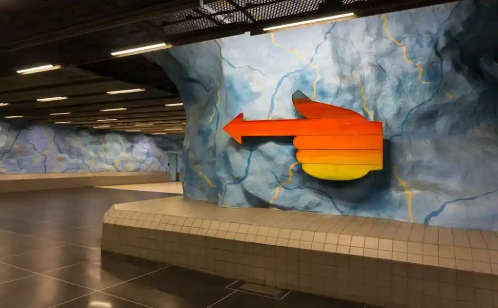Art at Stadion Station on the Stockholm subway. Find out how to visit this station and 11 others on a self-guided tour of Stockholm subway art.