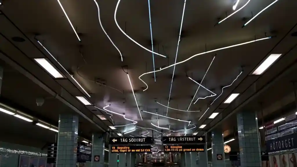Art at Hotorget Station on the Stockholm subway. Find out how to visit this station and 11 others on a self-guided tour of Stockholm subway art.