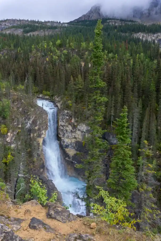 Falls of the Pool at Berg Lake. Hiking the Berg Lake Trail in the Canadian Rockies. Hike to a glacial lake in Mount Robson Provincial Park, British Columbia, Canada