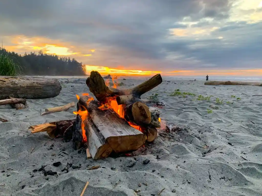 Campfire and sunset on the beach on Vancouver Island