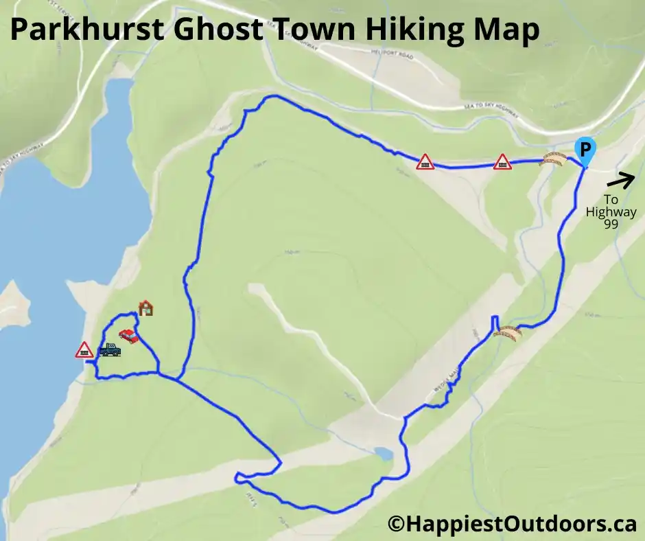 A map showing the routes to Parkhurst Ghost Town in Whistler, BC