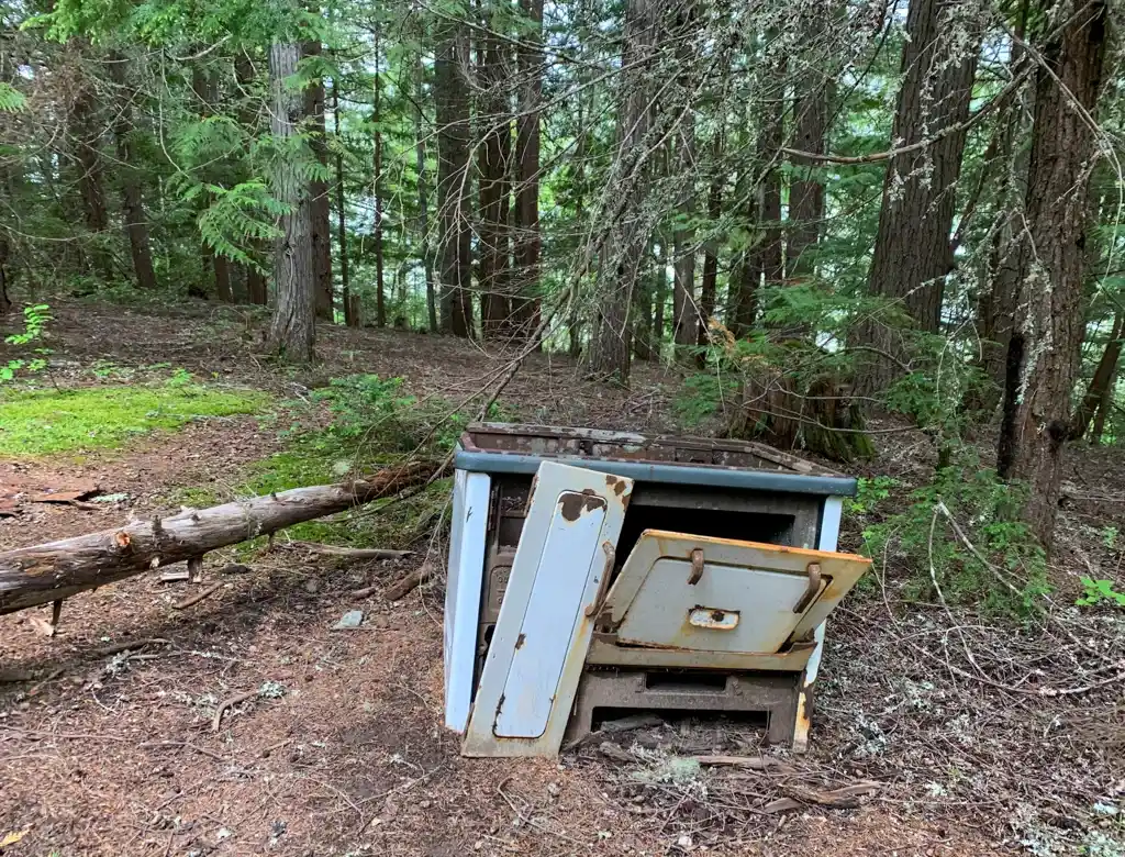 Abandoned stove in the forest at the ghost town of Parkhurst