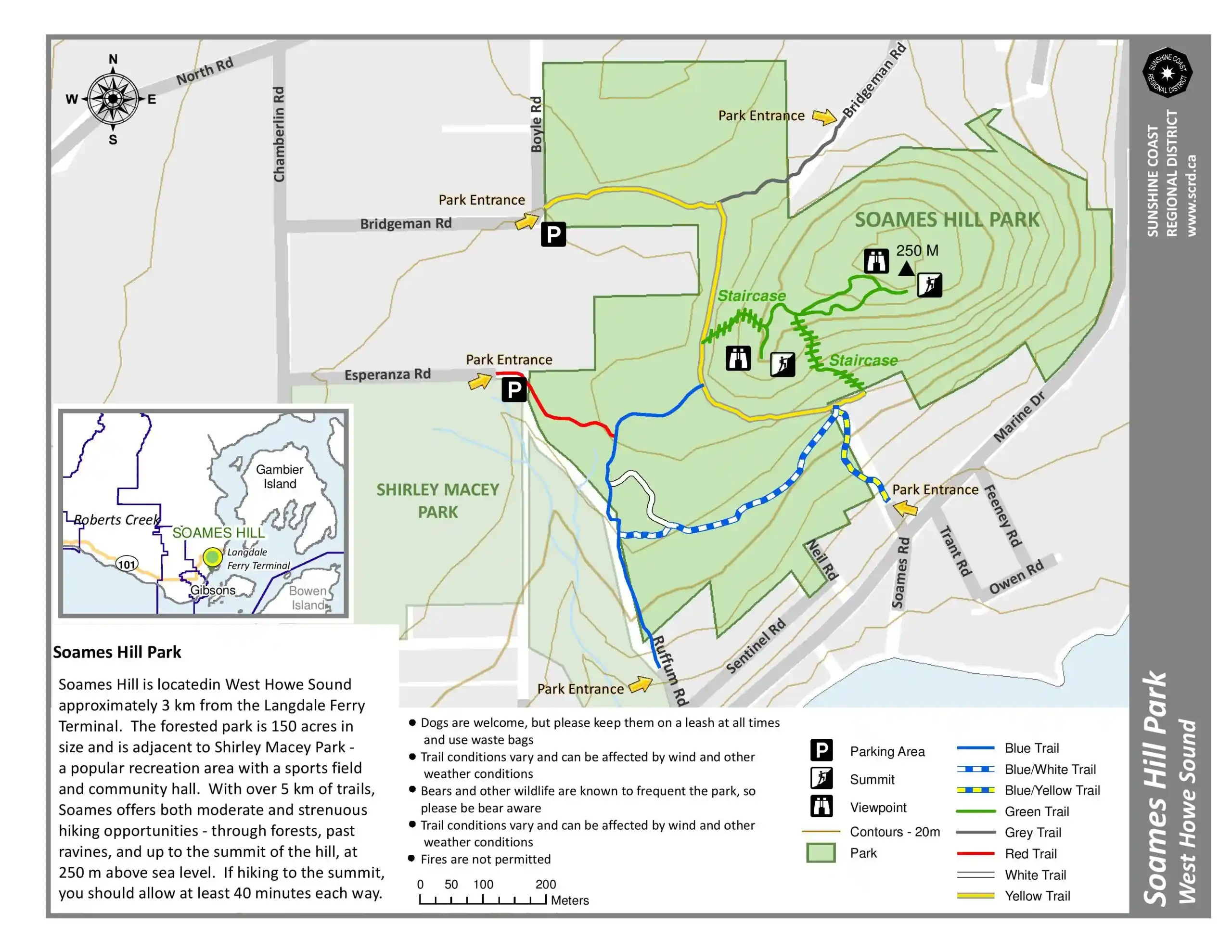 A map of the trails in Soames Hill Park on the Sunshine Coast, BC
