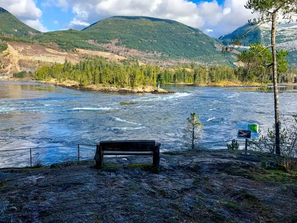Bench at North Point with a view of the Skookumchuck Rapids