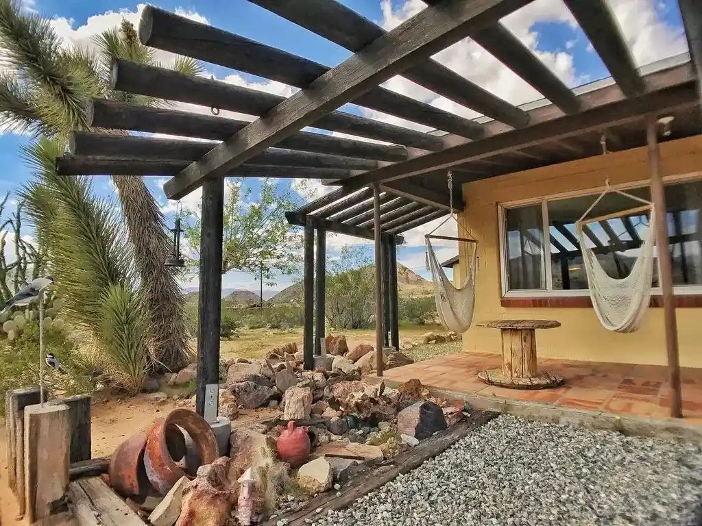 Hammocks on the porch at the Clever Rabbit cottage near Joshua Tree National Park
