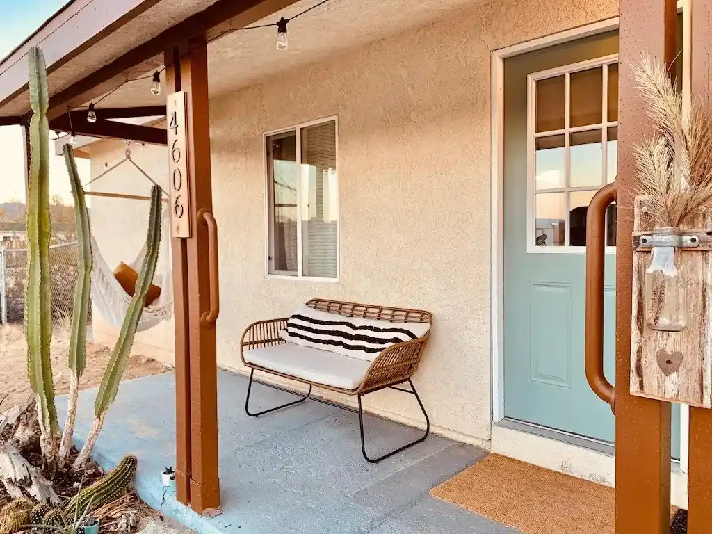 Front porch at the Comfy Boho Cottage, a family-friendly rental house near Joshua Tree National Park