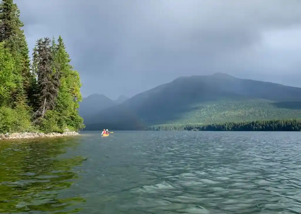 Paddling in the rain on Indianpoint Lake in Bowron Lake Provincial Park