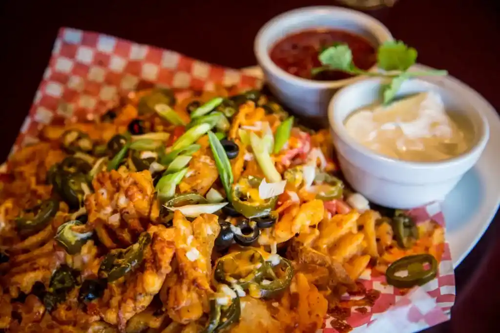 A table of pub food at the Rose and Crown in Canmore