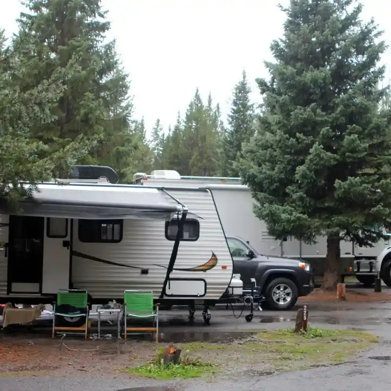 RV camping at Fishing Bridge RV Park in Yellowstone National Park.