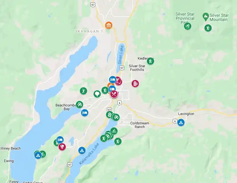 A custom google map of Vernon showing all the best things to do in Vernon, bC