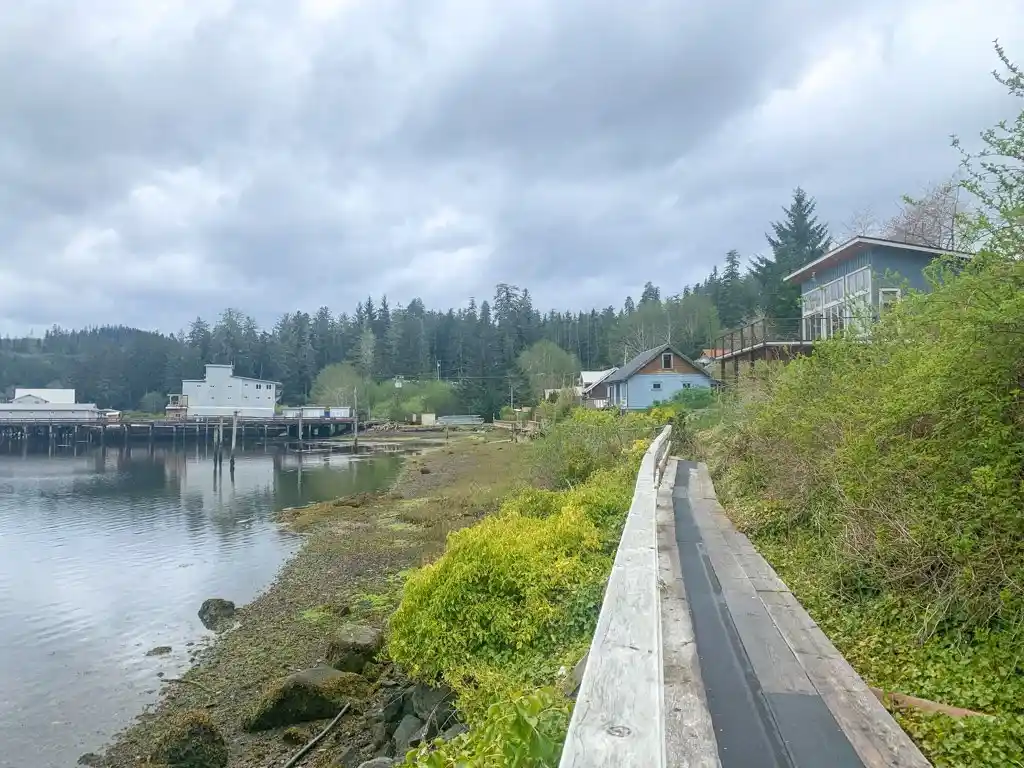 Waterfront boardwalk in the tiny town of Winter Harbour on Northern Vancouver Island, BC