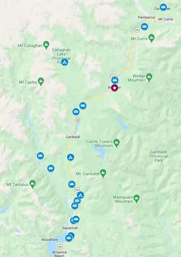 Whistler camping locations Google Map