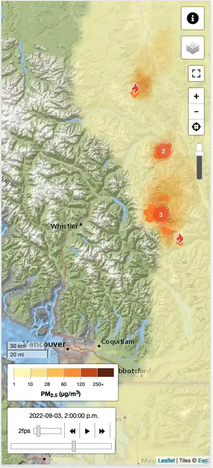 A screenshot from FireSmoke showing the smoke forecast