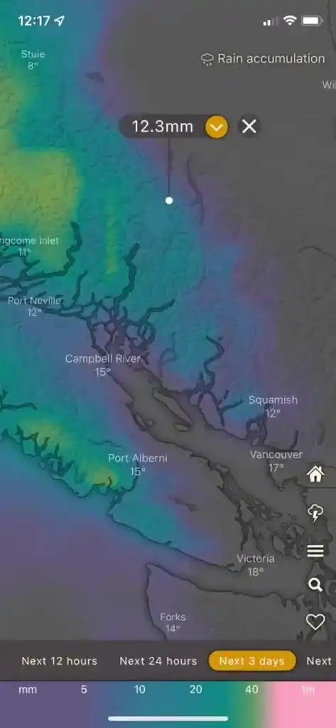 Screen shot of the rain forecast from the Windy weather app for hiking