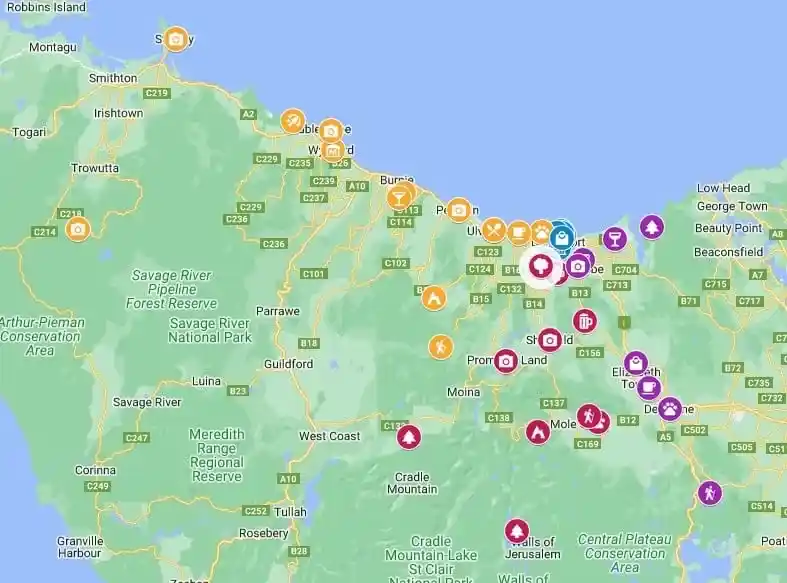 Google Map showing things to do in Devonport, Tasmania