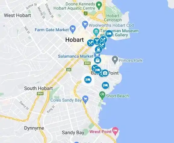 Google map of things to do in Hobart in a weekend