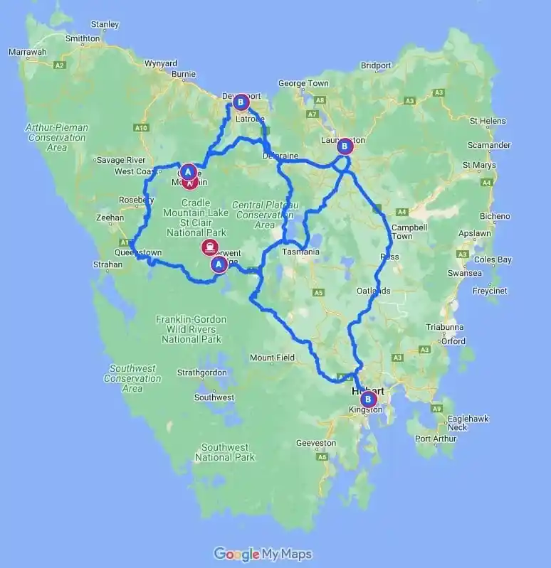 Google map showing Overland Track transport routes between Hobart, Launceston, Devonport, and Cradle Mountain National Park