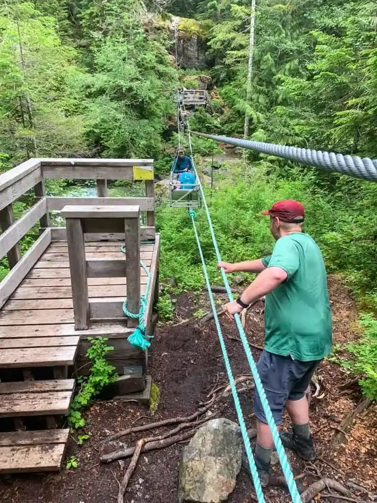 Pulling the cable car across Drinkwater Creek