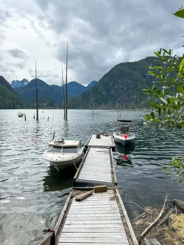 motorboats moored at the Della Falls Trailhead Dock