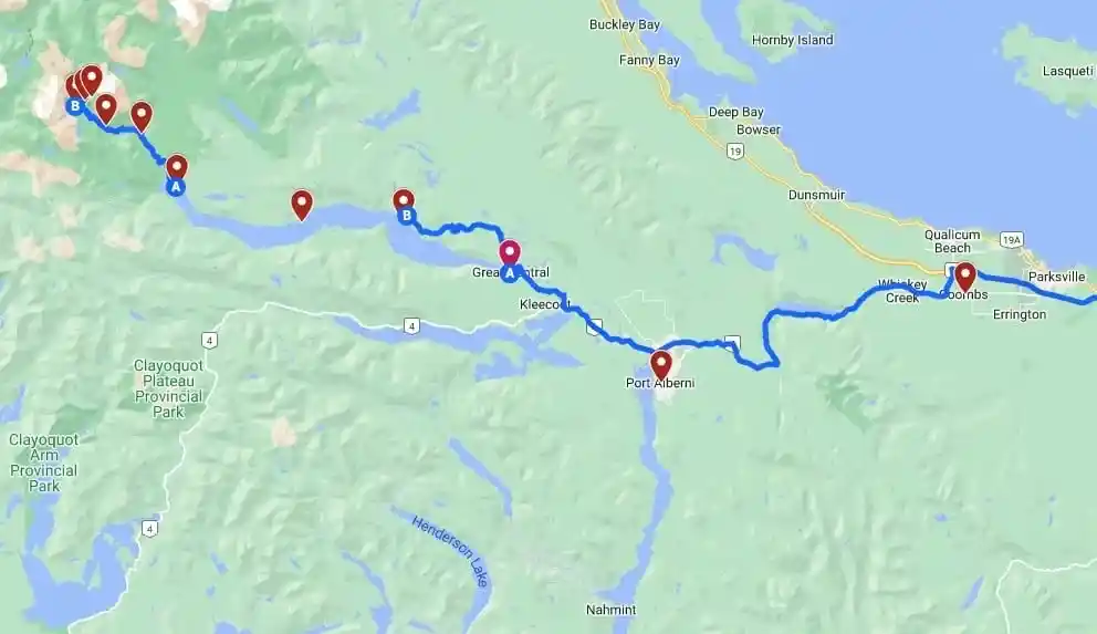 Google map of Della Falls Trail and the route to the trailhead.