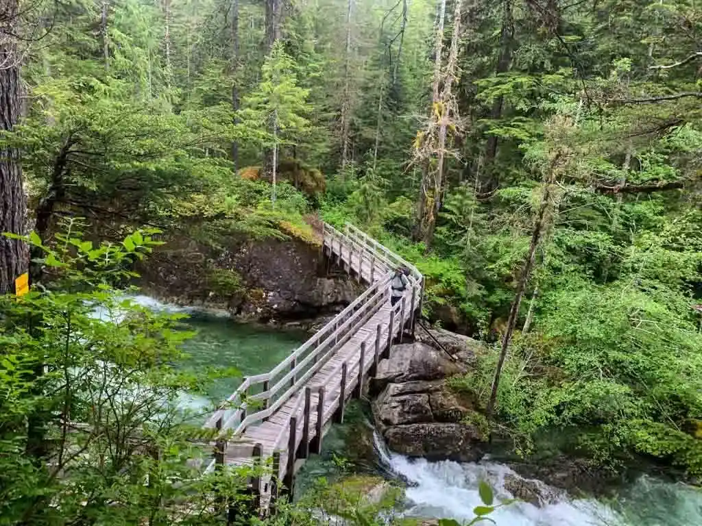 A hiker crosses the bridge over Margaret Creek