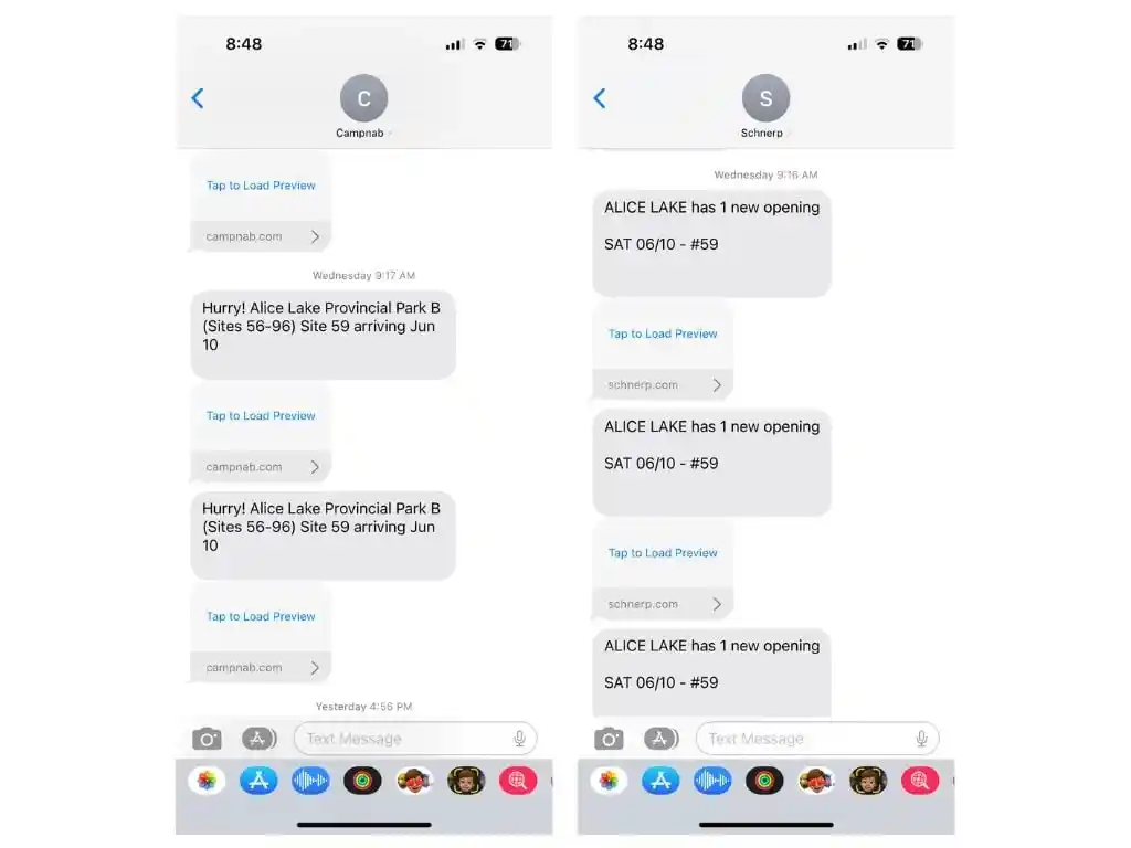 Text notifications from Campnab and Schnerp camping cancellation apps