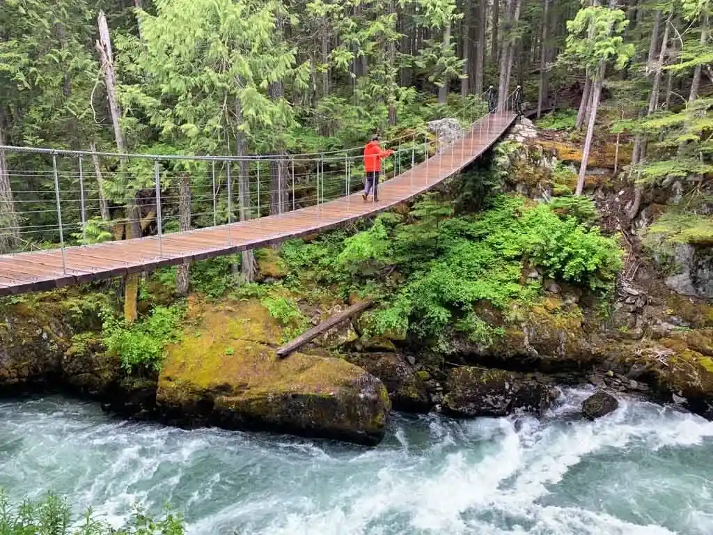 Crossing the suspension bridge to the Whistler Train Wreck