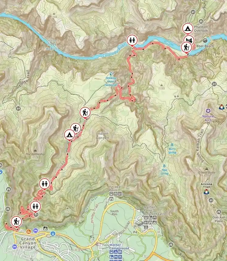 Map of the Bright Angel Trail in the Grand Canyon