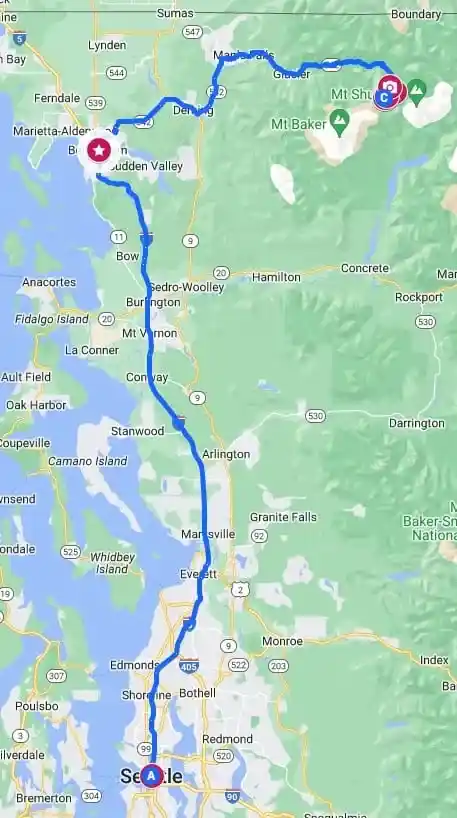 Google Map of the Mount Baker Highway road trip