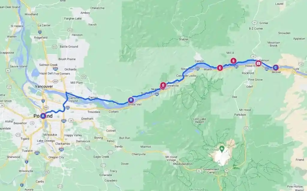 Google Map of Columbia River Gorge Road Trip in Washington
