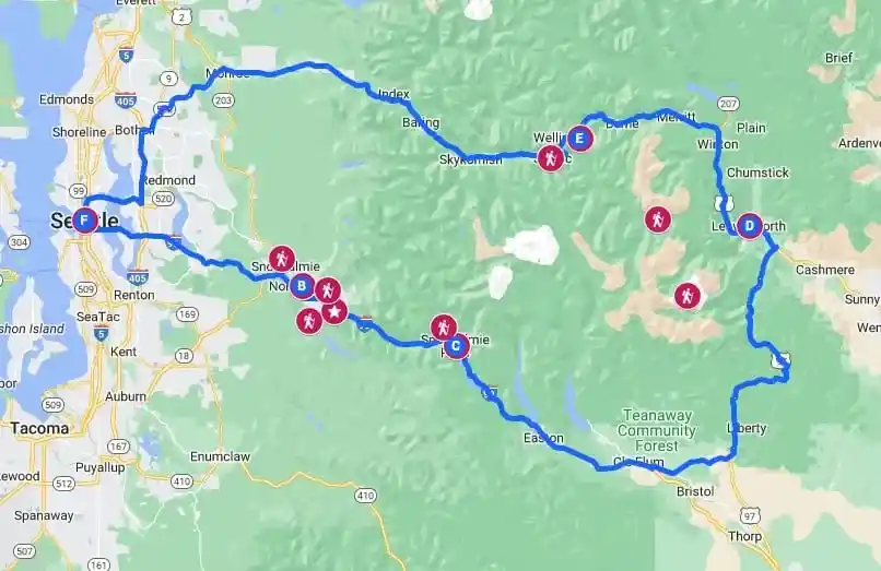 Google Map of a road trip around 1-90 and Highway 2 in Washington