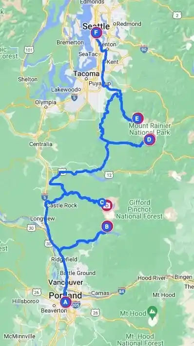 Google Map of the Mount St. Helens and Mount Rainier Road Trip