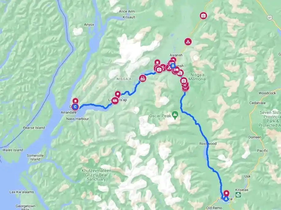 Google Map of the best things to do in the Nass Valley