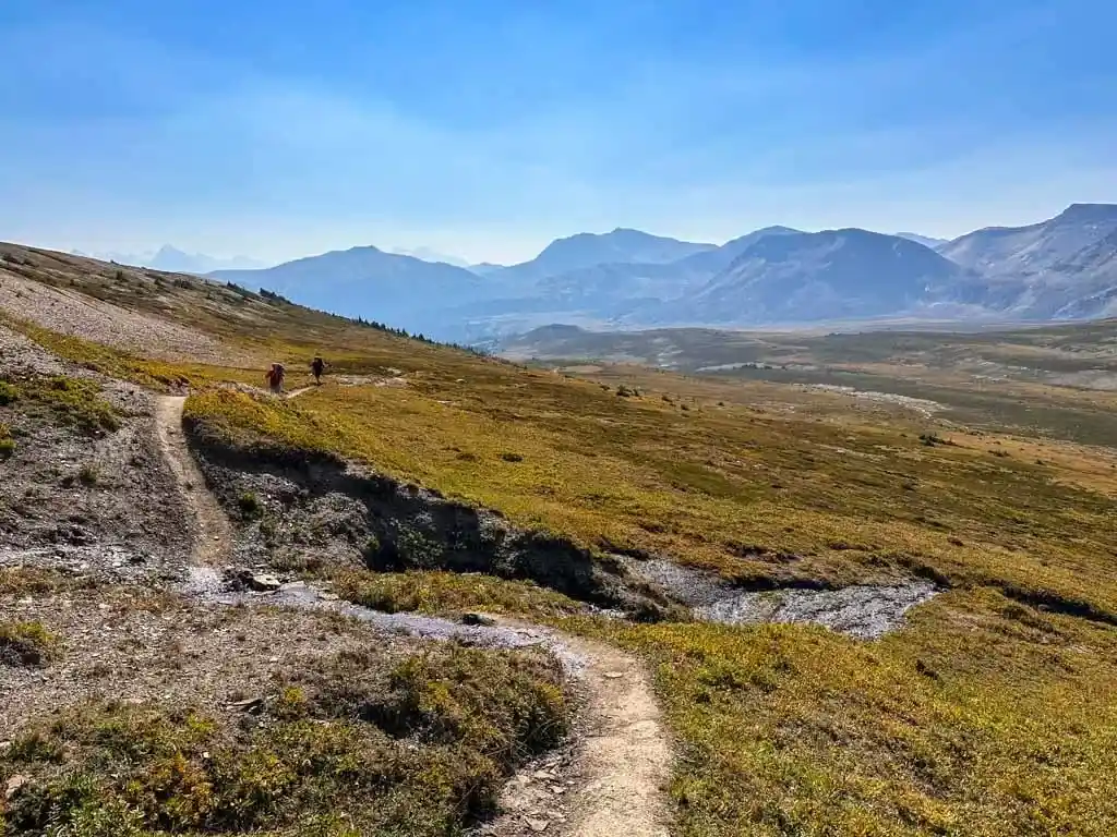Two peple on the Skyline Trail in Jasper hike towards Big Shovel Pass