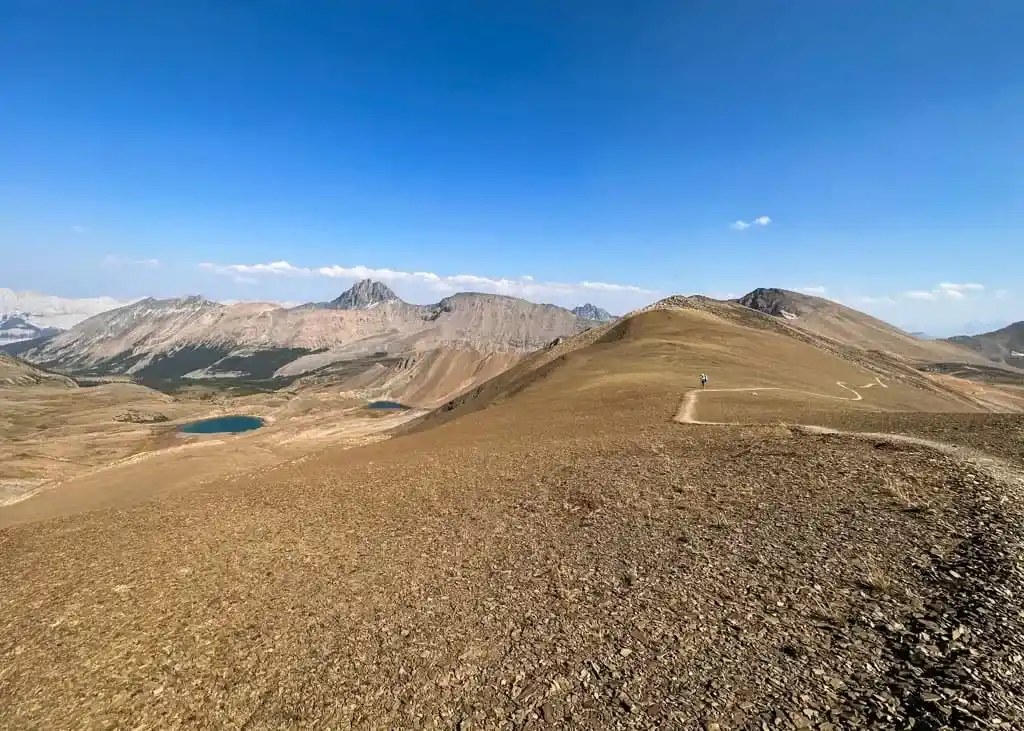 A hiker walks along the ridge above treeline on the Skyline Trail