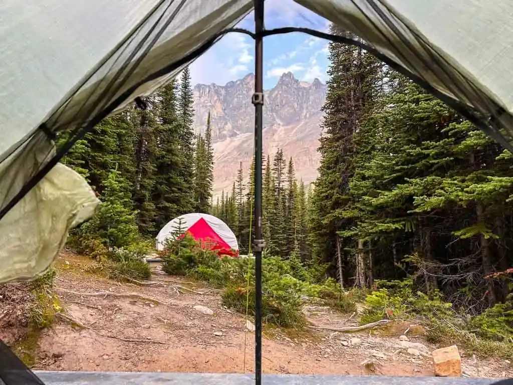 Looking out a tent door to the view at Tekarra Camp on the Skyline Trail in Jasper National Park