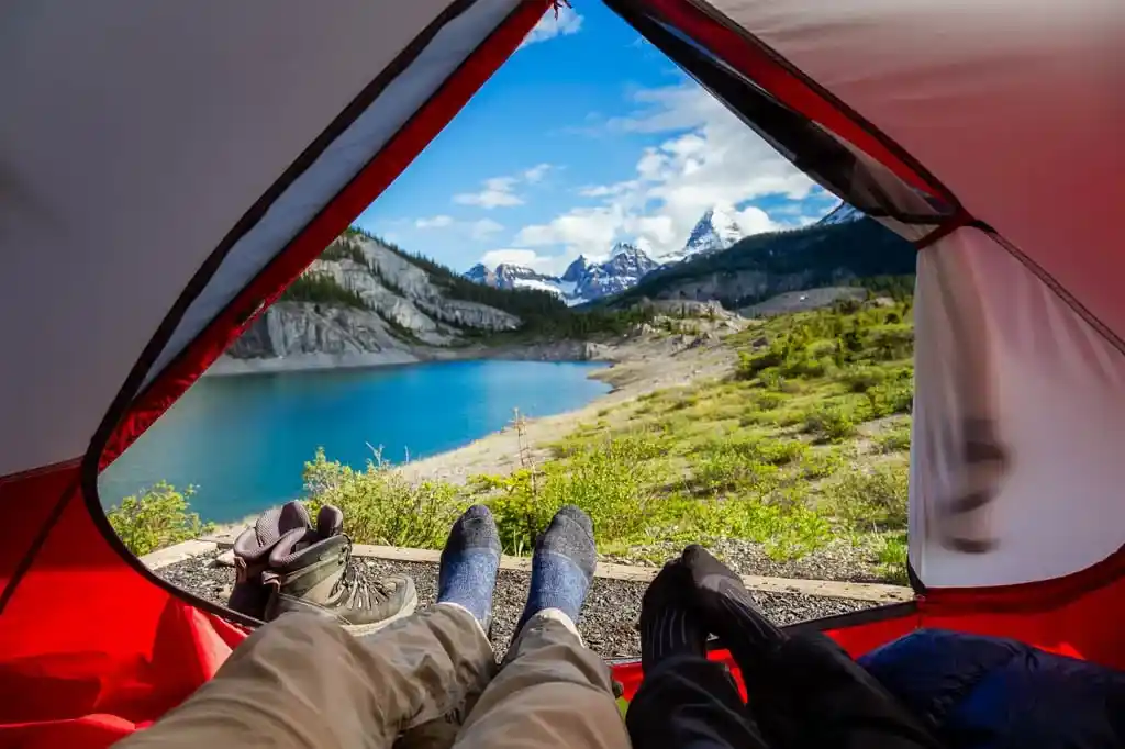 Looking out from inside a tent at Og Lake near Banff