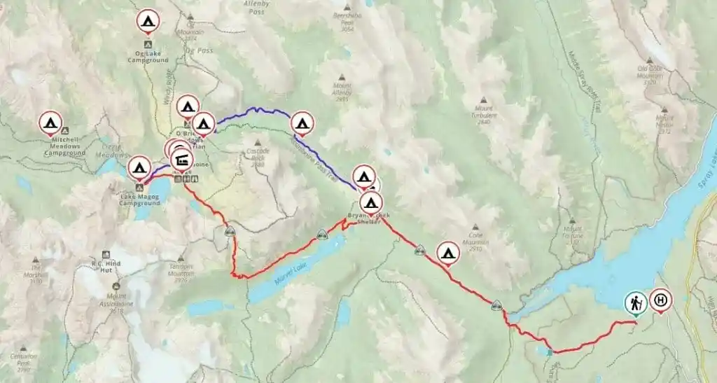 Mount Assiniboine Park map showing the Wonder Pass route