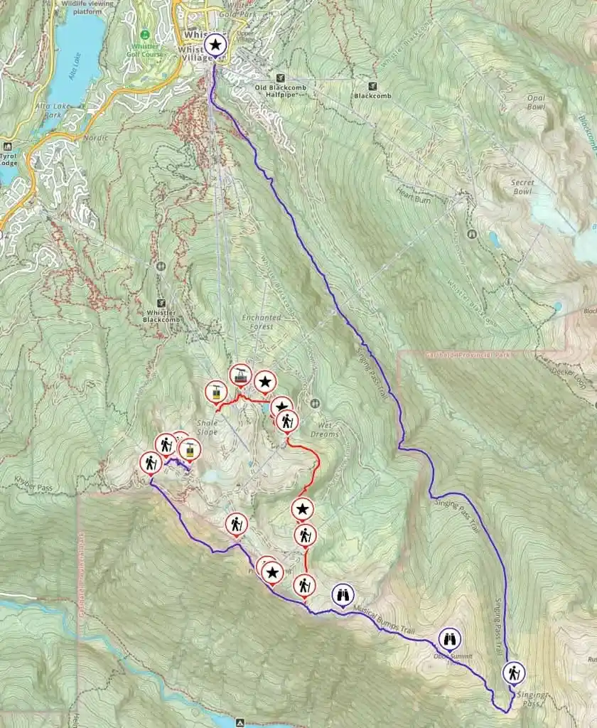 Map showing the route from the High Note Trail to Whistler Village via the Singing Pass Trail.