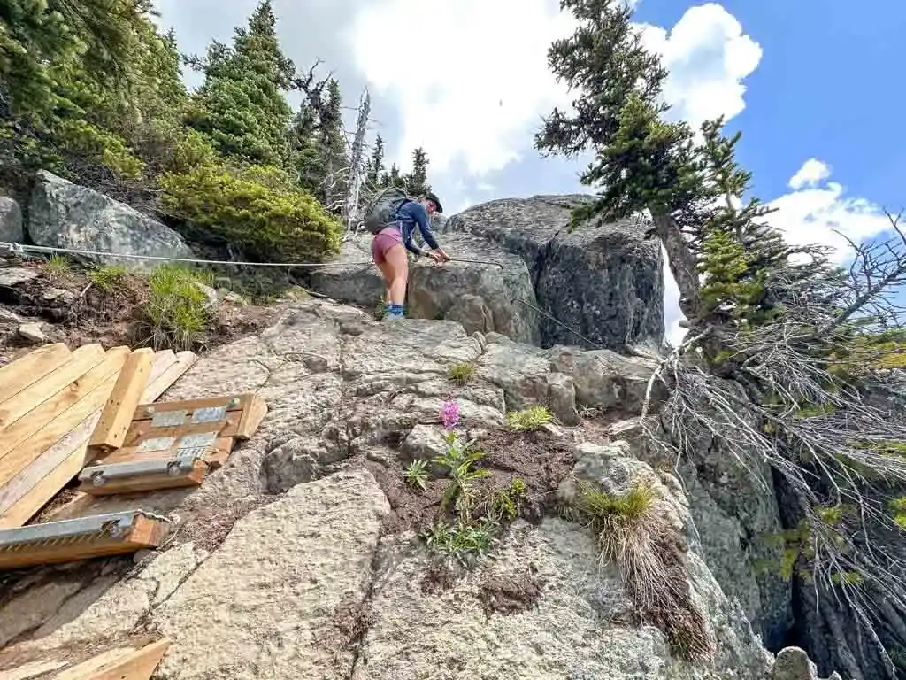 A female hiker scrambles up a set of wooden steps and metal ladder rungs over a rock.
