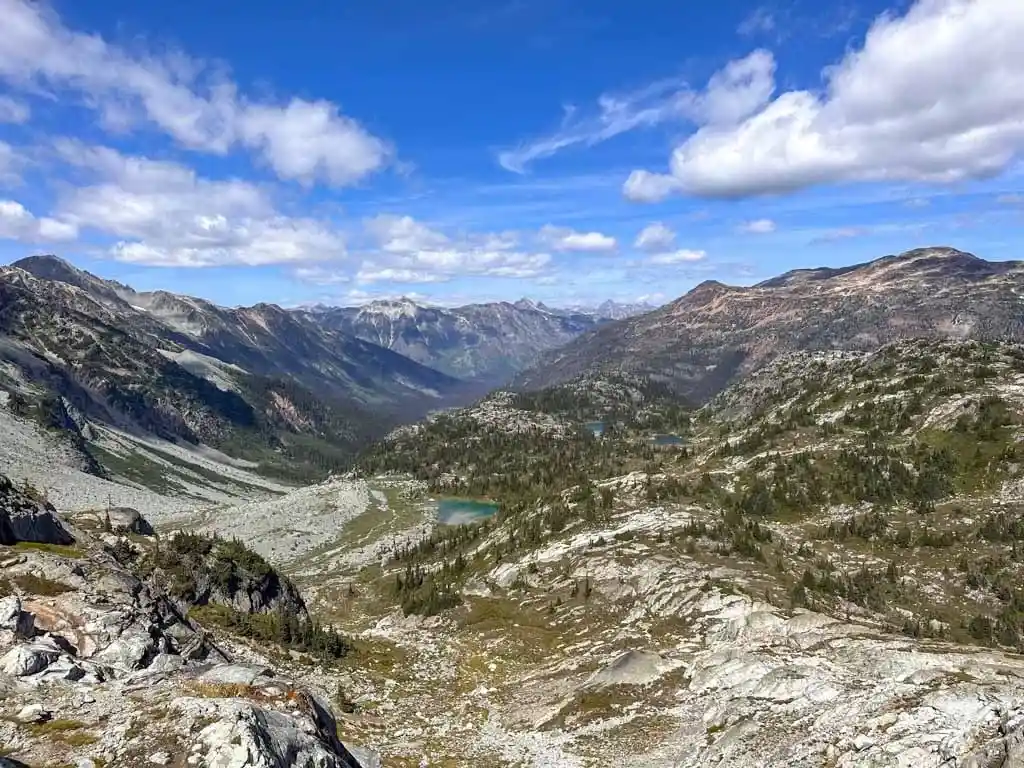 Three alpine lakes seen from above.