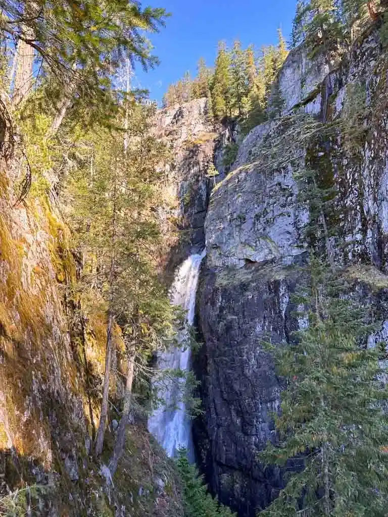 Looking upstream in a canyon at the waterfall at High Falls Creek in Squamish