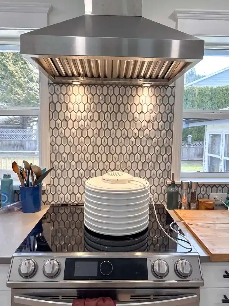 A round dehydrator sits on top of a stove underneath a hood fan. This is a great way to dehydrate backpacking food without having stinky items like onions make your house smell. 